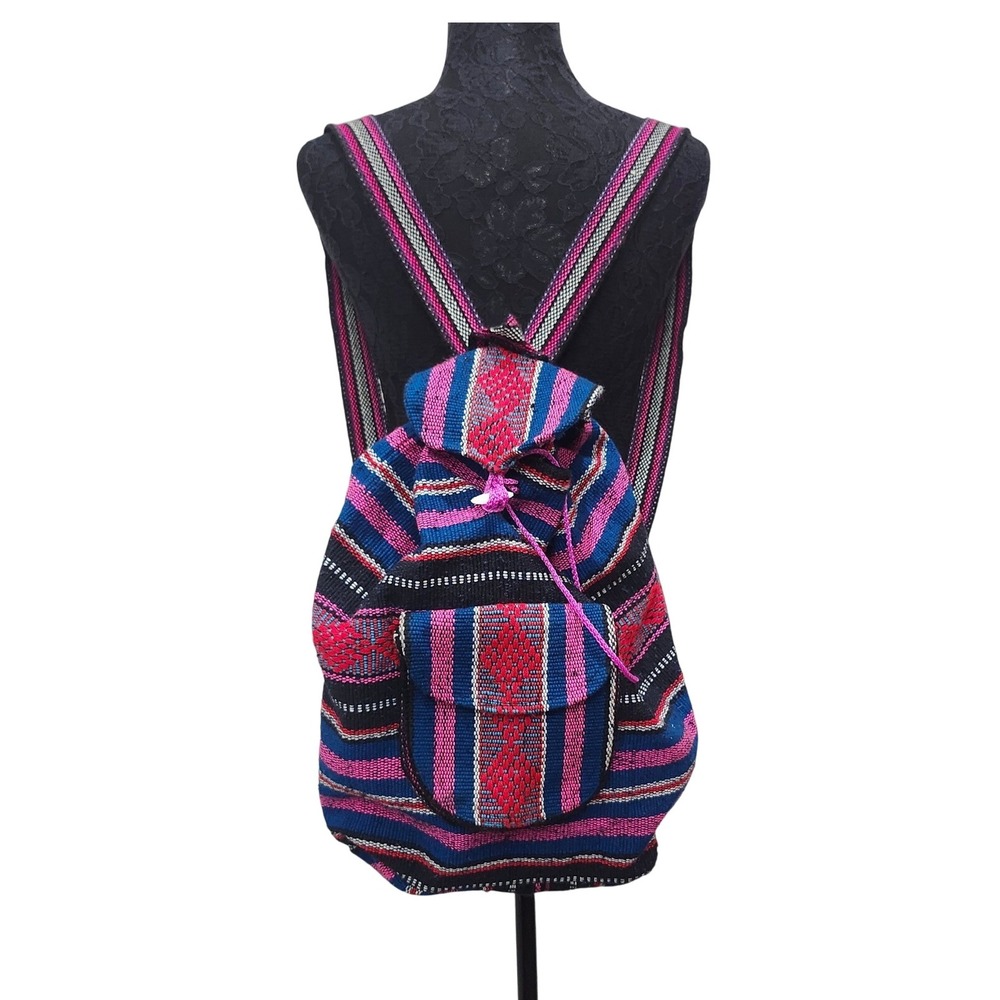 Arte Sanias San Martin Backpack‎ Drawstring Woven Striped Pink Blue Mexico